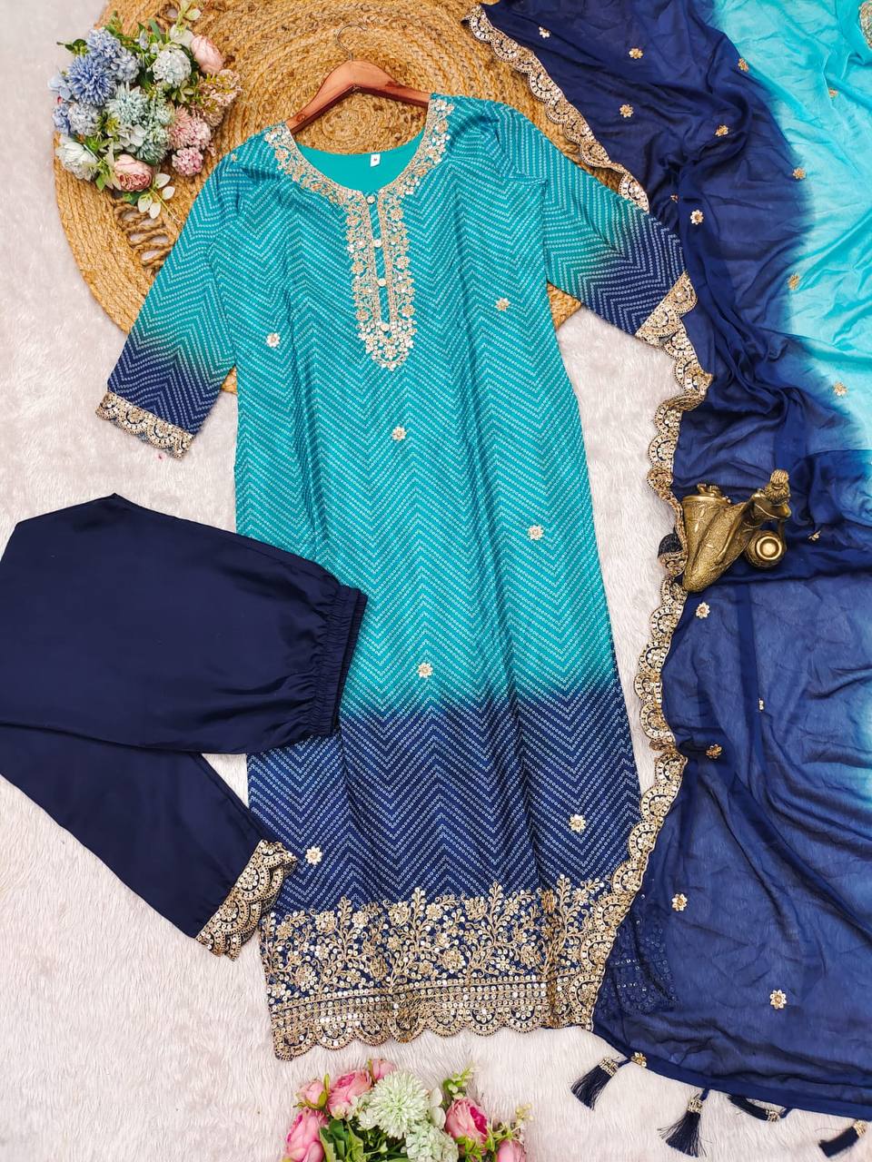 Elegant Multicolored Bandhani Print 3-Piece Suit Set with Sequins & Embroidery