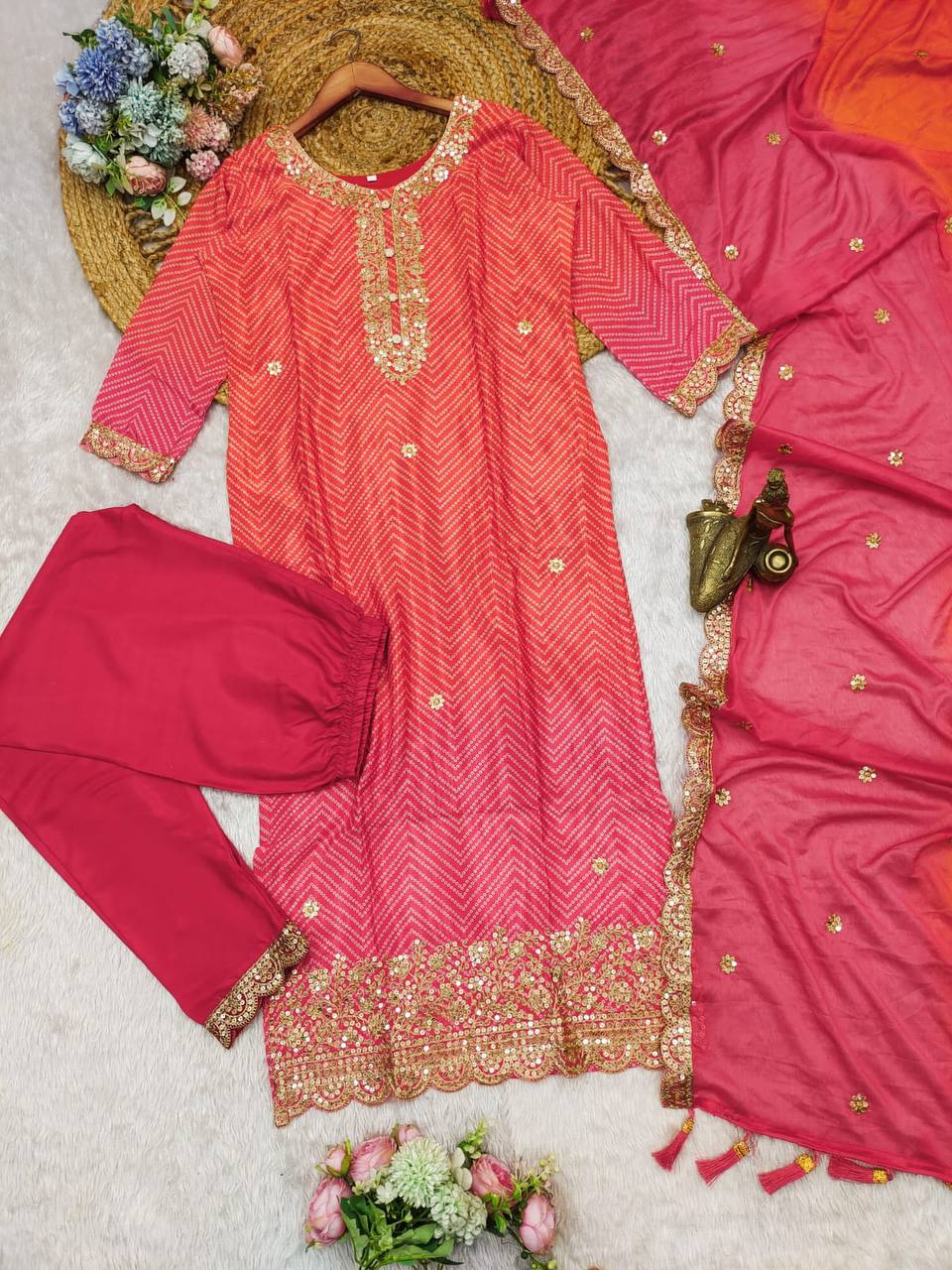 Elegant Multicolored Bandhani Print 3-Piece Suit Set with Sequins & Embroidery