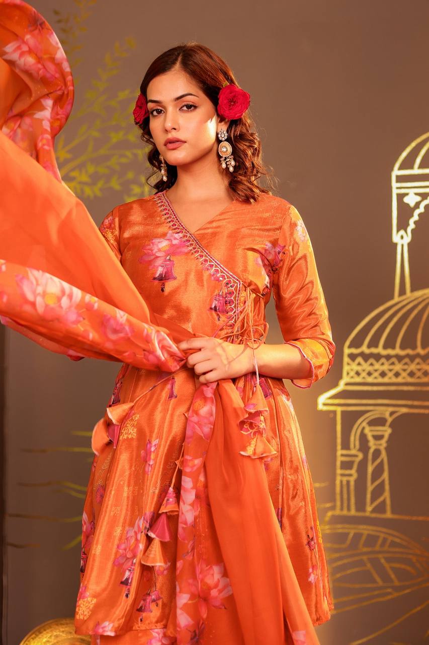 Vibrant Orange Floral Angrakha & Palazzo Set"