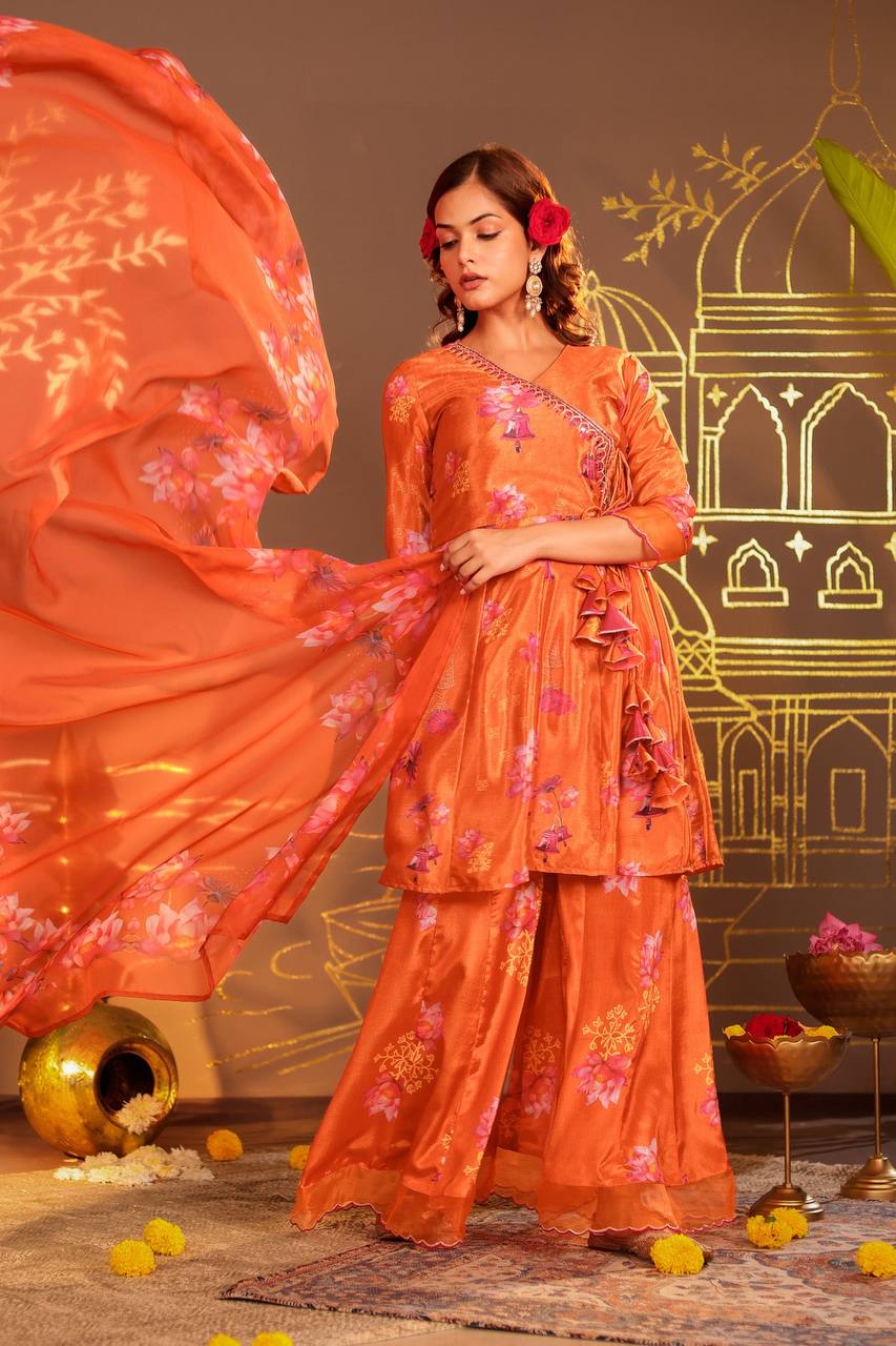 Vibrant Orange Floral Angrakha & Palazzo Set"