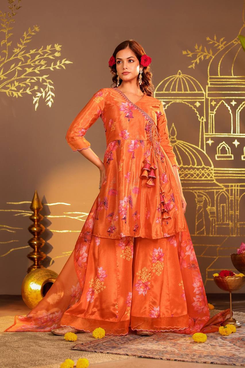 Vibrant Orange Floral Angrakha & Palazzo Set"