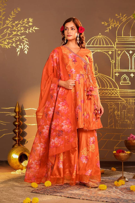 Vibrant Orange Floral Angrakha & Palazzo Set"