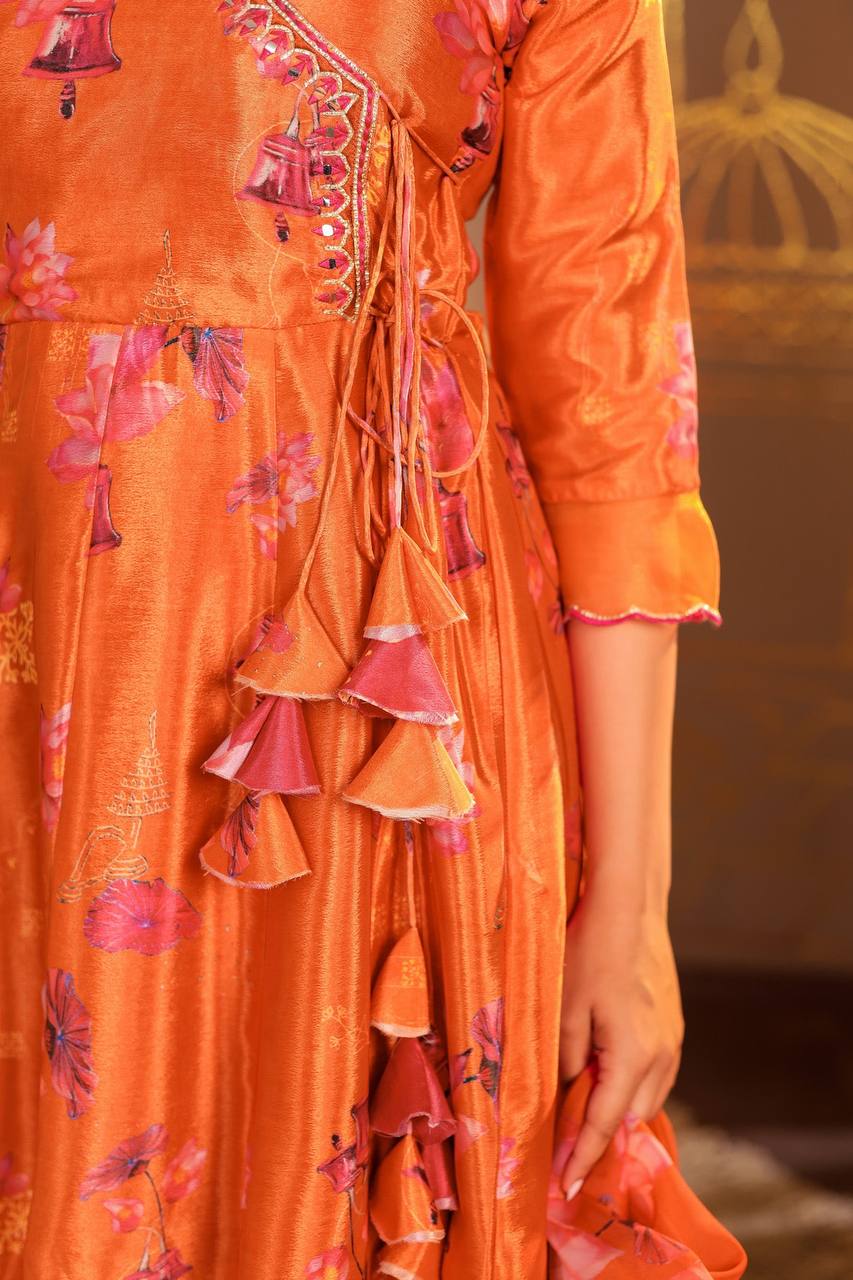 Vibrant Orange Floral Angrakha & Palazzo Set"