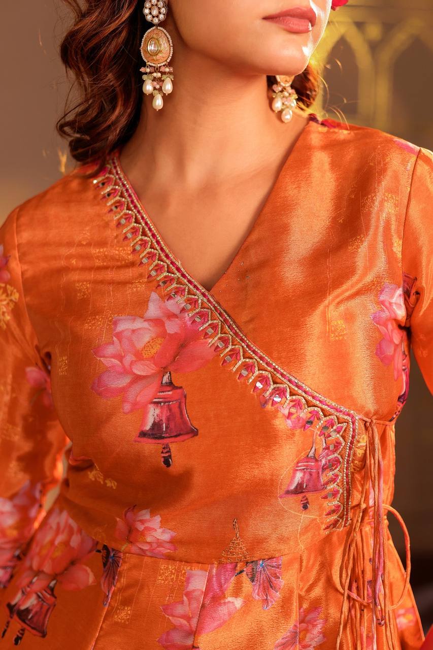 Vibrant Orange Floral Angrakha & Palazzo Set"