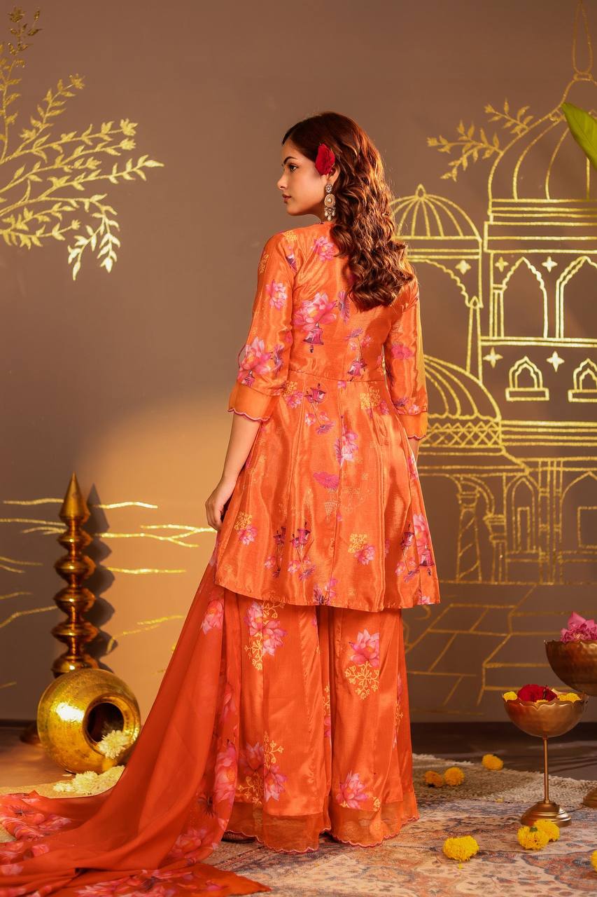 Vibrant Orange Floral Angrakha & Palazzo Set"