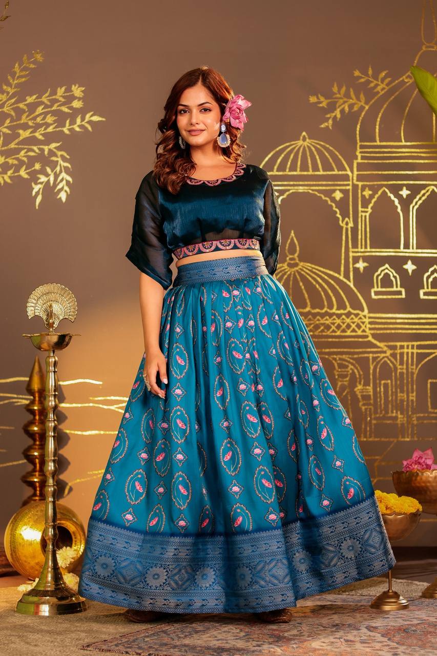 Dazzling Blue Brocade Lehenga Choli - Perfect for Festive Occasions