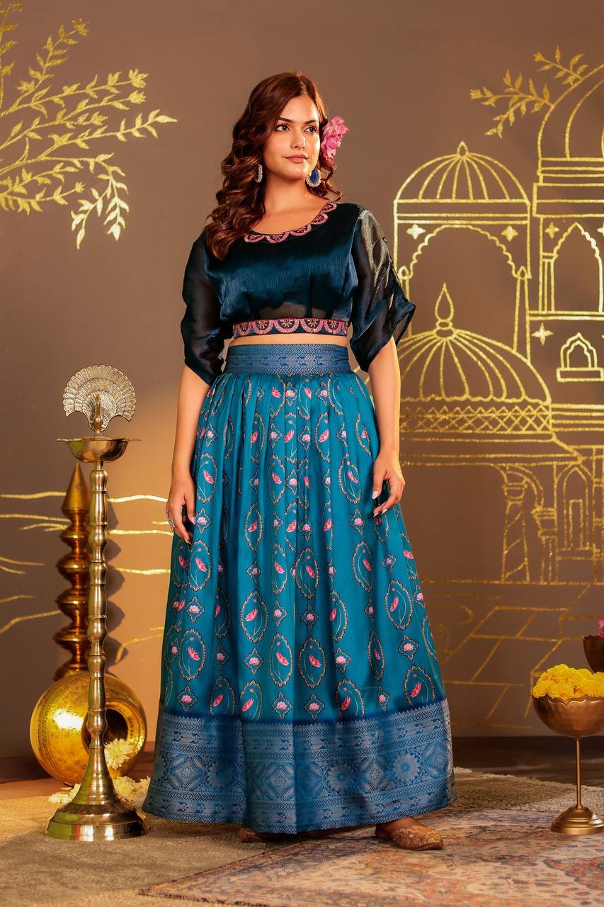 Dazzling Blue Brocade Lehenga Choli - Perfect for Festive Occasions