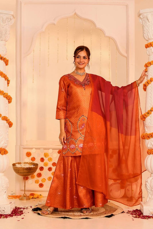 Dazzle in Orange: Festive Kurti & Sharara Set