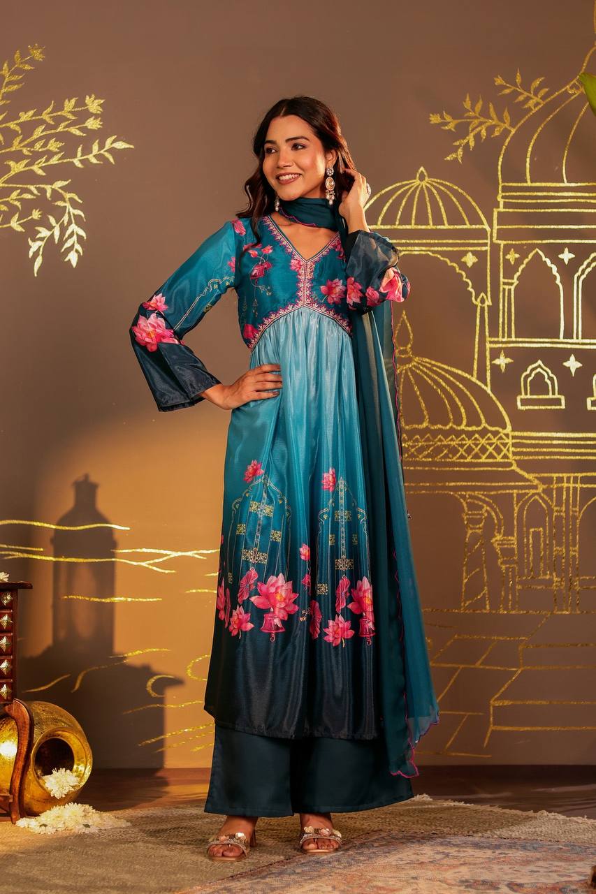 Exquisite Georgette Anarkali Gown with Sequins & Embroidered Dupatta