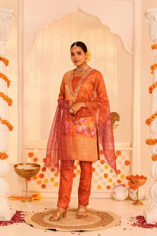 Radiant Orange Embroidered Kurta Set with Dupatta – Perfect for Festive Elegance