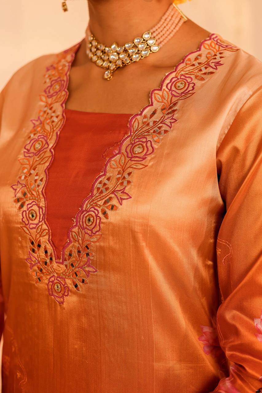 Radiant Orange Embroidered Kurta Set with Dupatta – Perfect for Festive Elegance