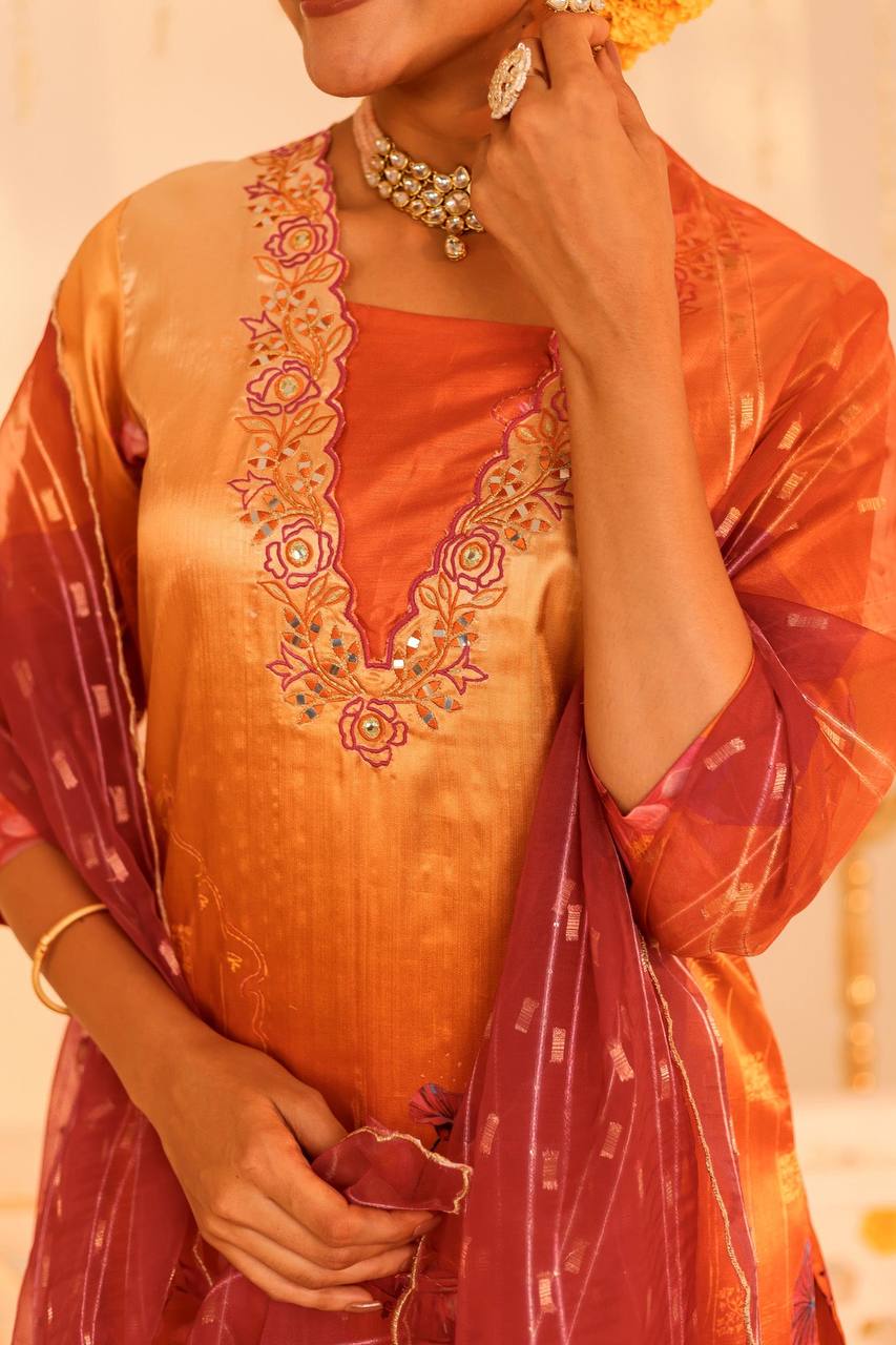 Radiant Orange Embroidered Kurta Set with Dupatta – Perfect for Festive Elegance