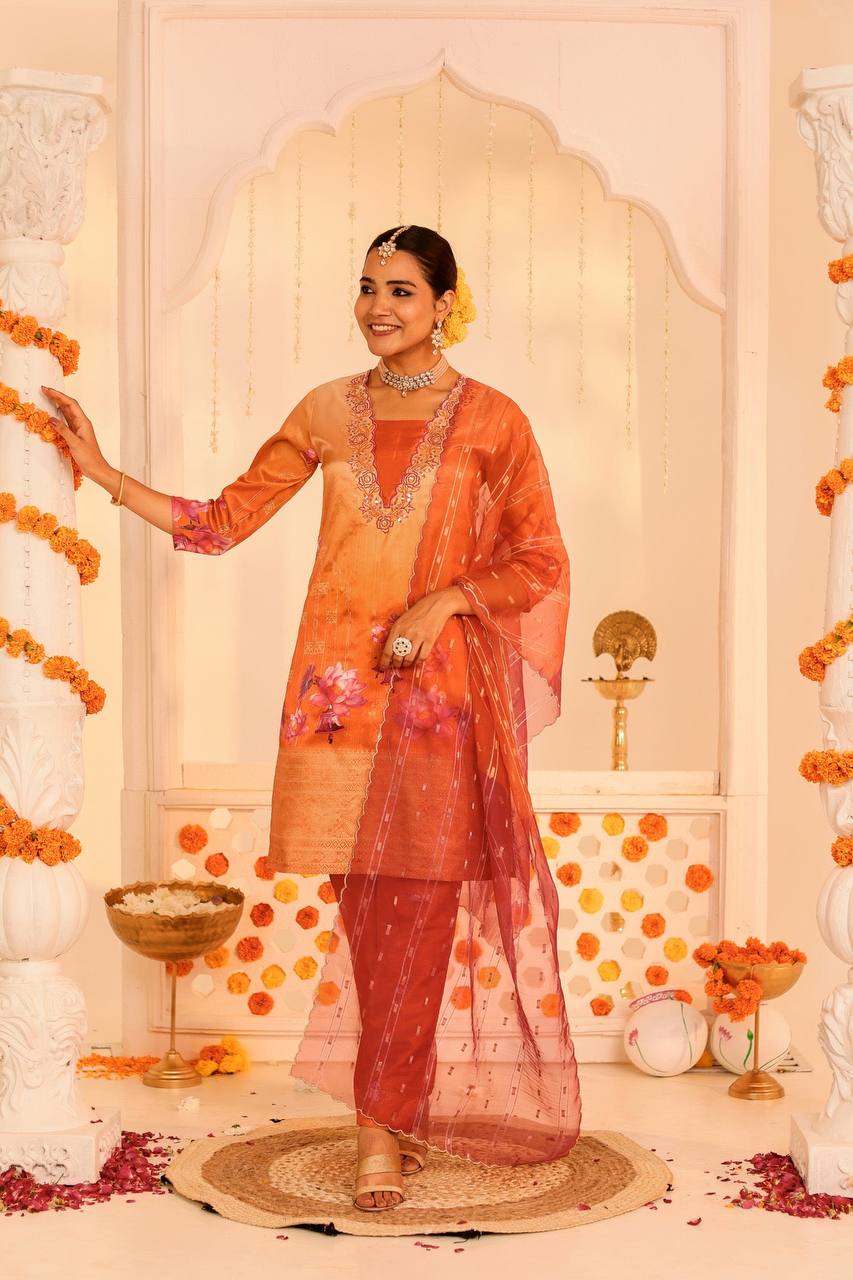 Radiant Orange Embroidered Kurta Set with Dupatta – Perfect for Festive Elegance