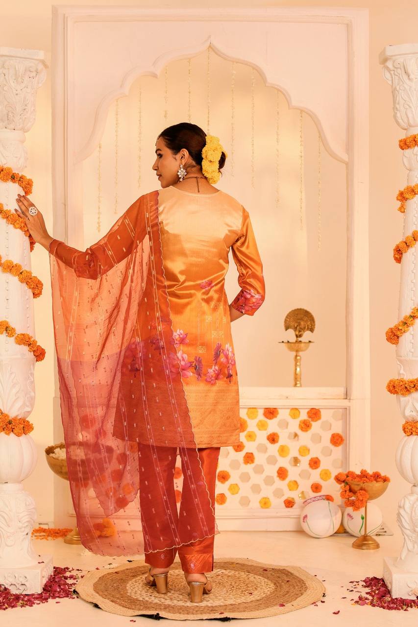 Radiant Orange Embroidered Kurta Set with Dupatta – Perfect for Festive Elegance