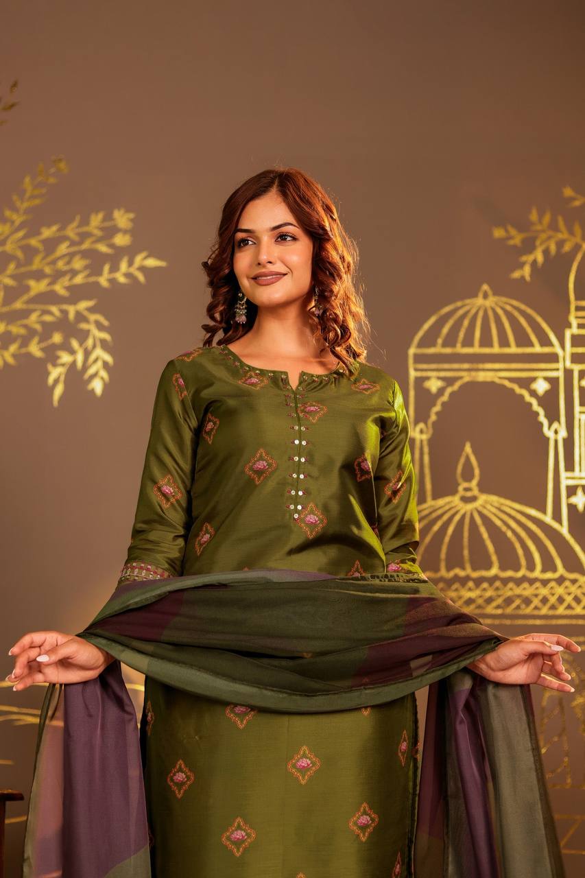 Sophisticated Olive Green Embroidered Kurta Set