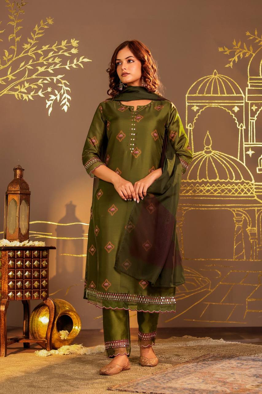 Sophisticated Olive Green Embroidered Kurta Set