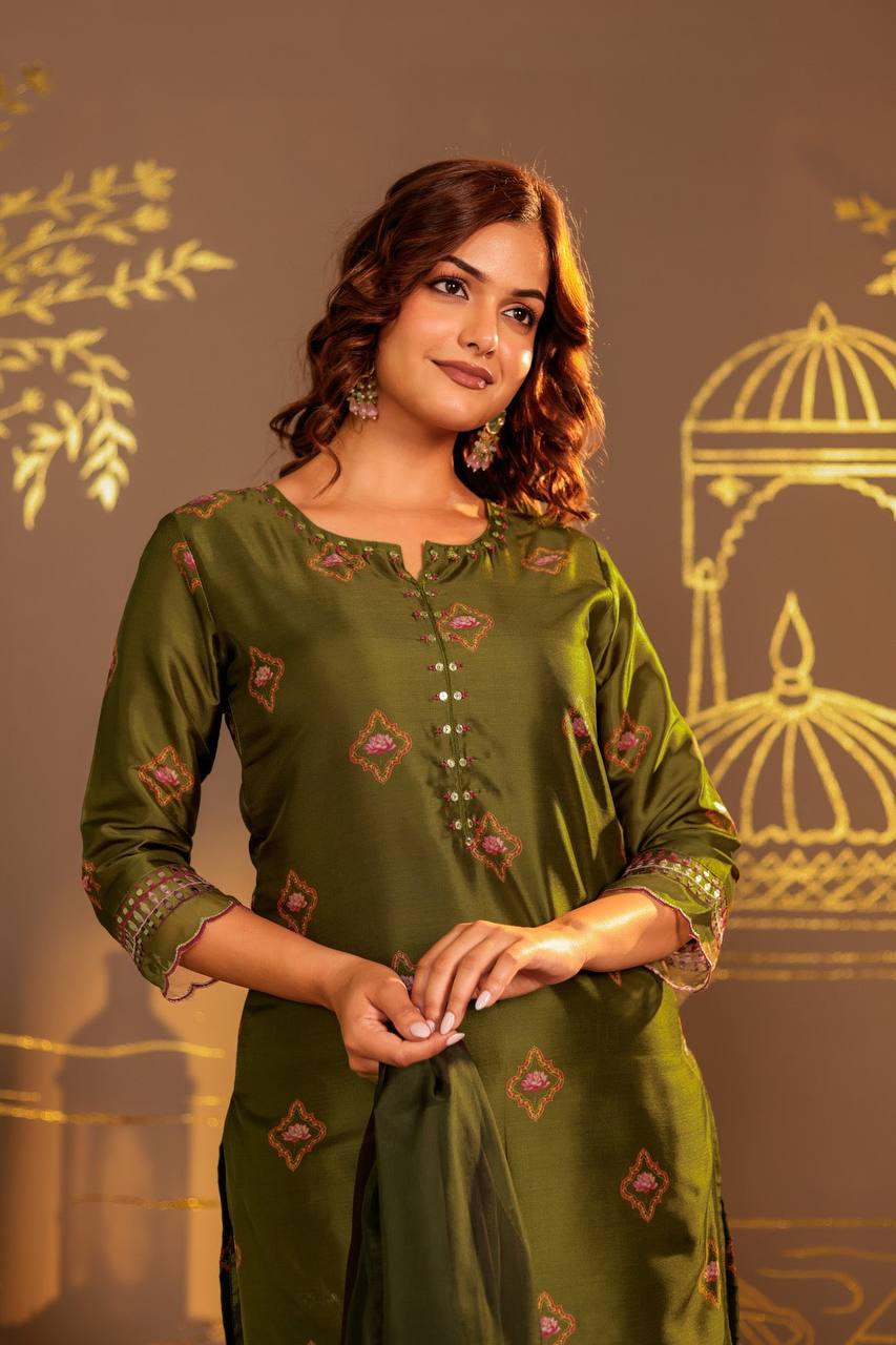 Sophisticated Olive Green Embroidered Kurta Set