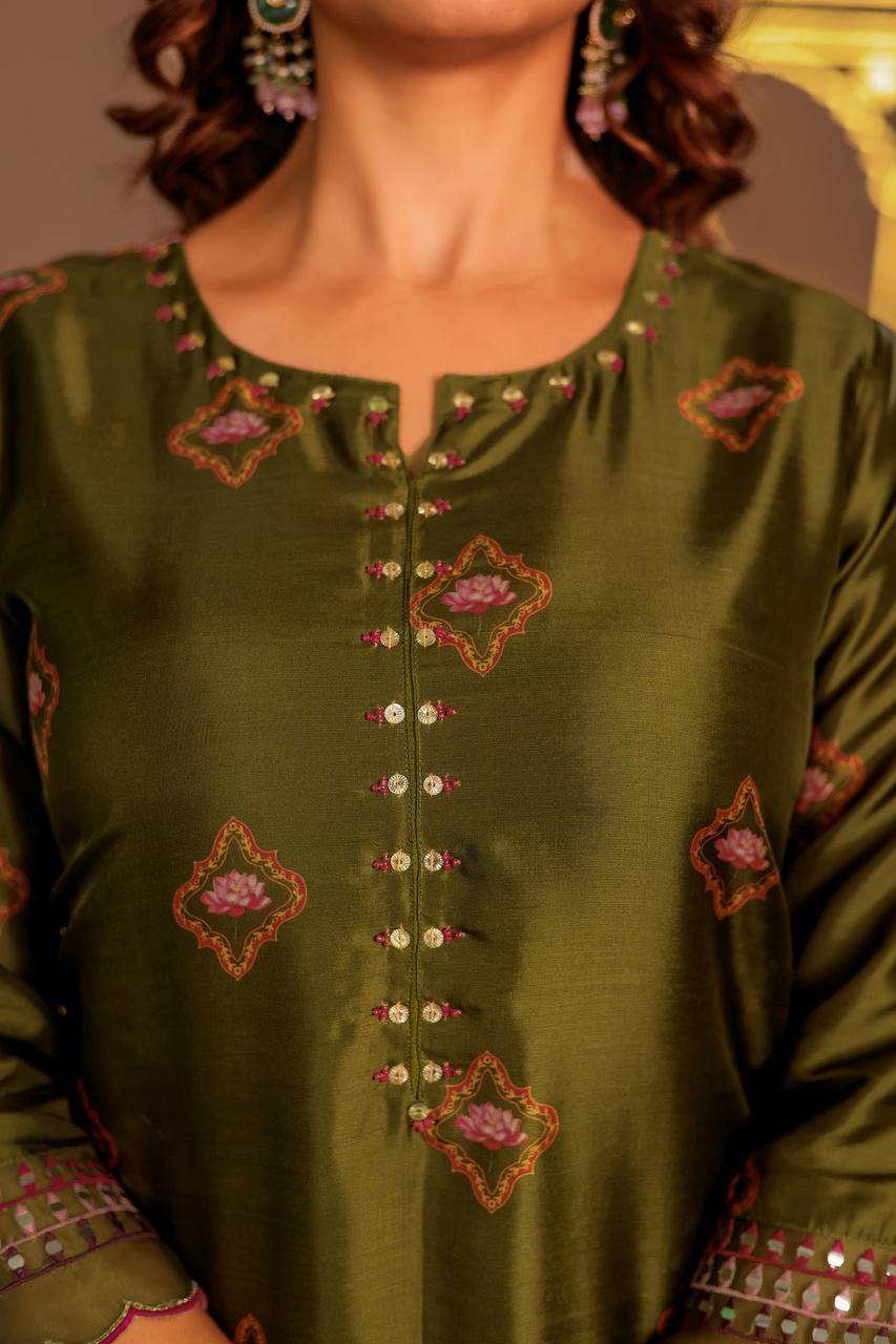 Sophisticated Olive Green Embroidered Kurta Set