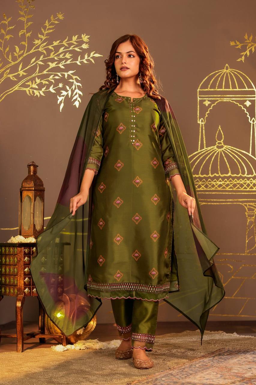 Sophisticated Olive Green Embroidered Kurta Set