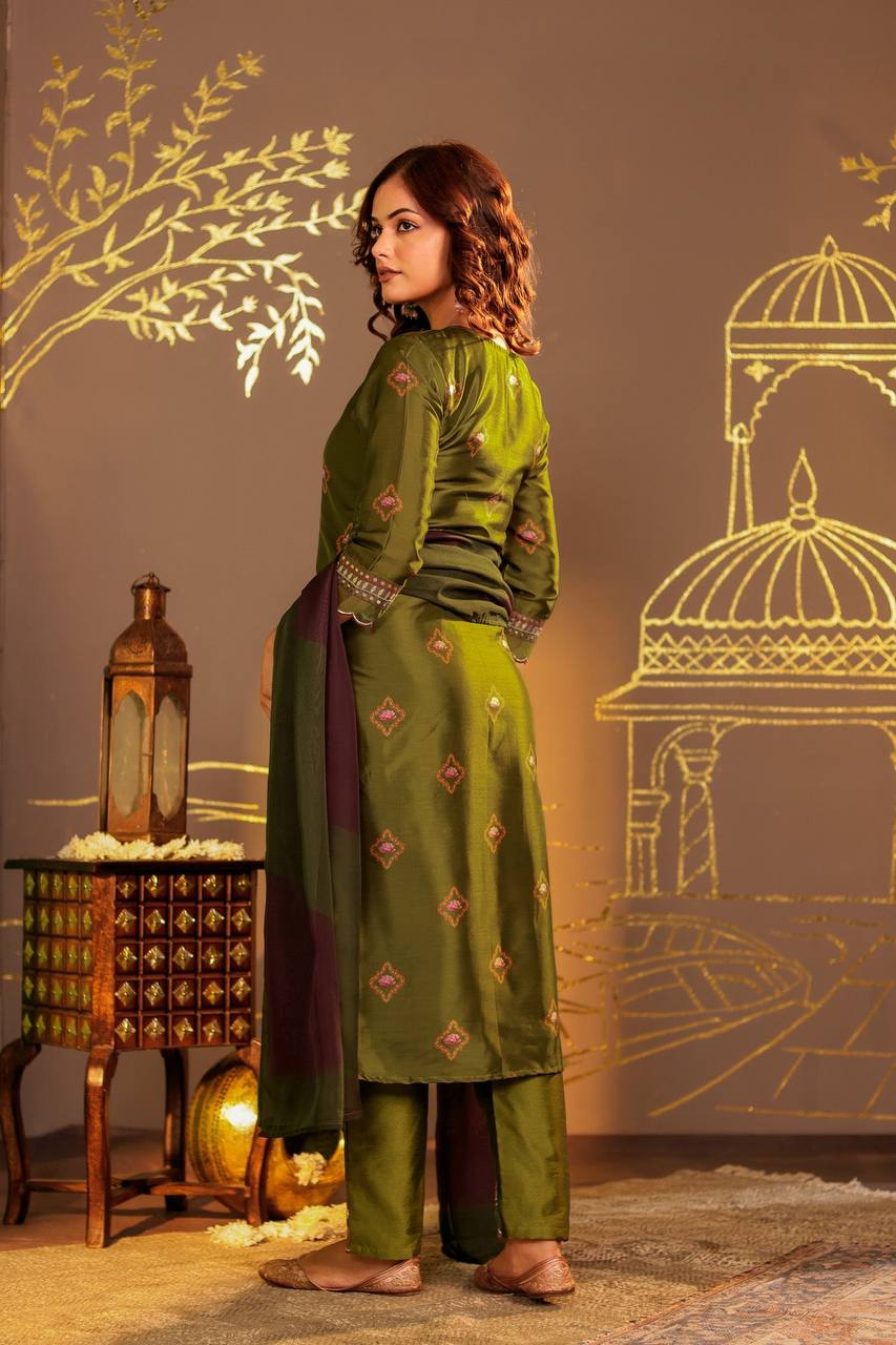 Sophisticated Olive Green Embroidered Kurta Set