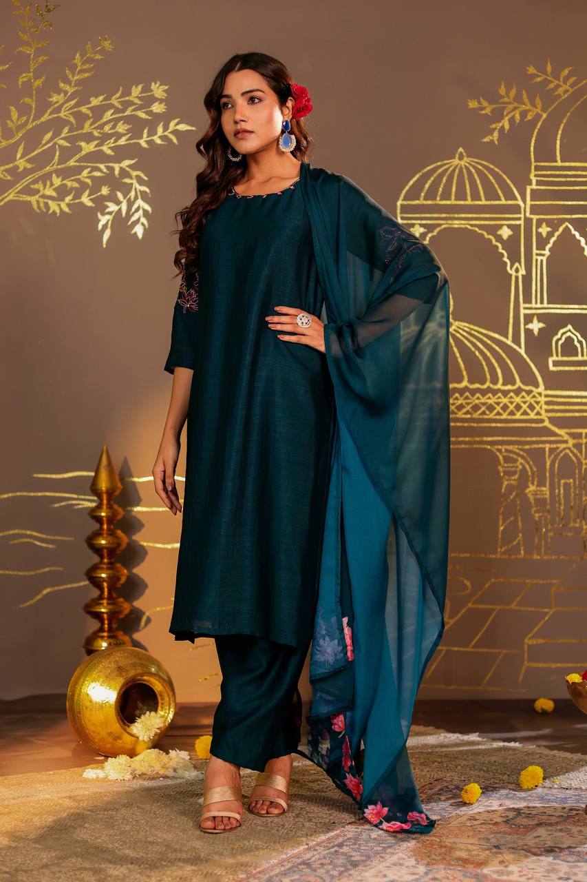 Enchanting Teal Blue Embroidered Kurta Set with Floral Dupatta