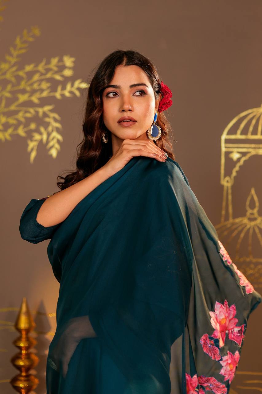 Enchanting Teal Blue Embroidered Kurta Set with Floral Dupatta