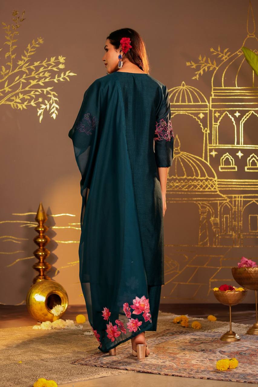 Enchanting Teal Blue Embroidered Kurta Set with Floral Dupatta