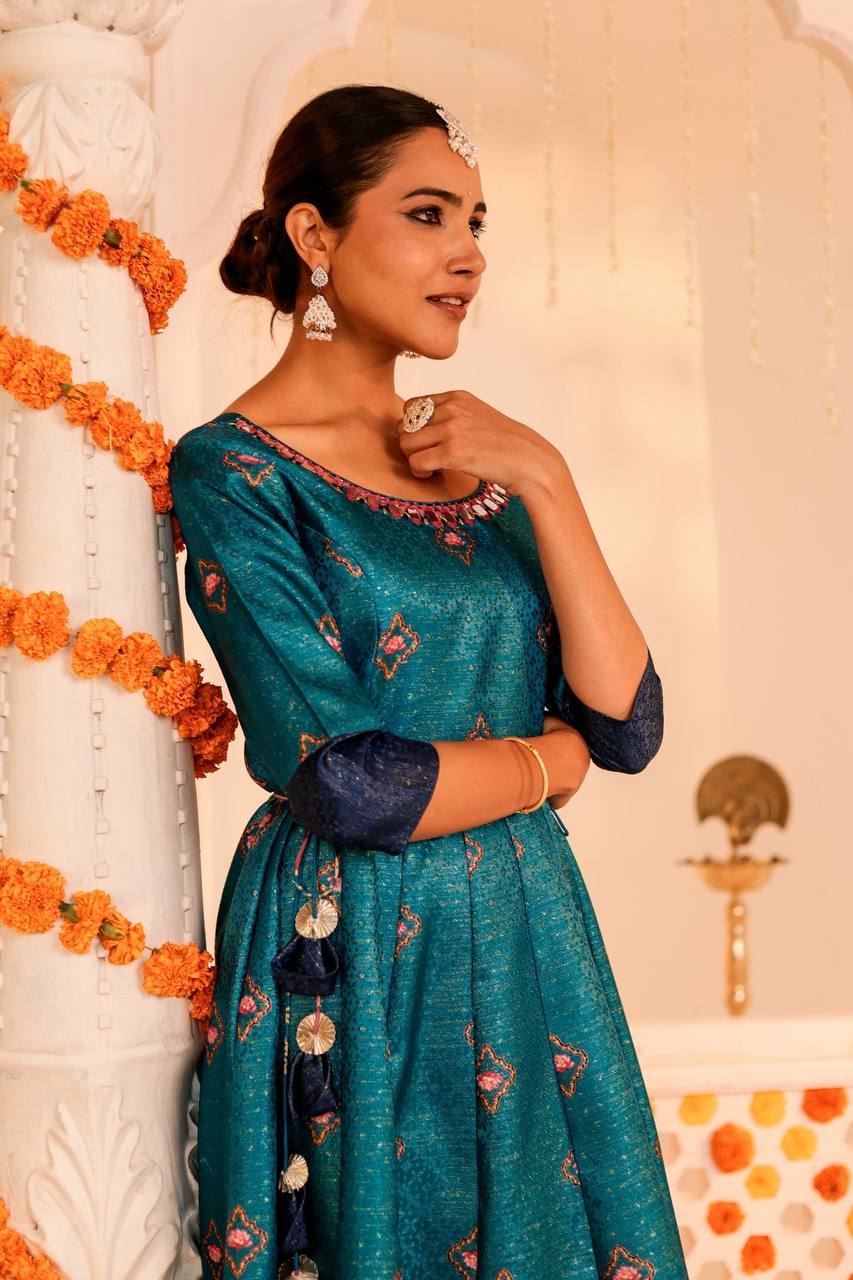 Enchanting Teal Kamal Kalidar Dress with Floral Motifs