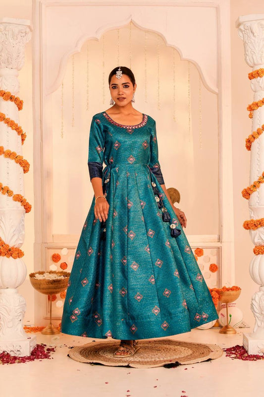 Enchanting Teal Kamal Kalidar Dress with Floral Motifs