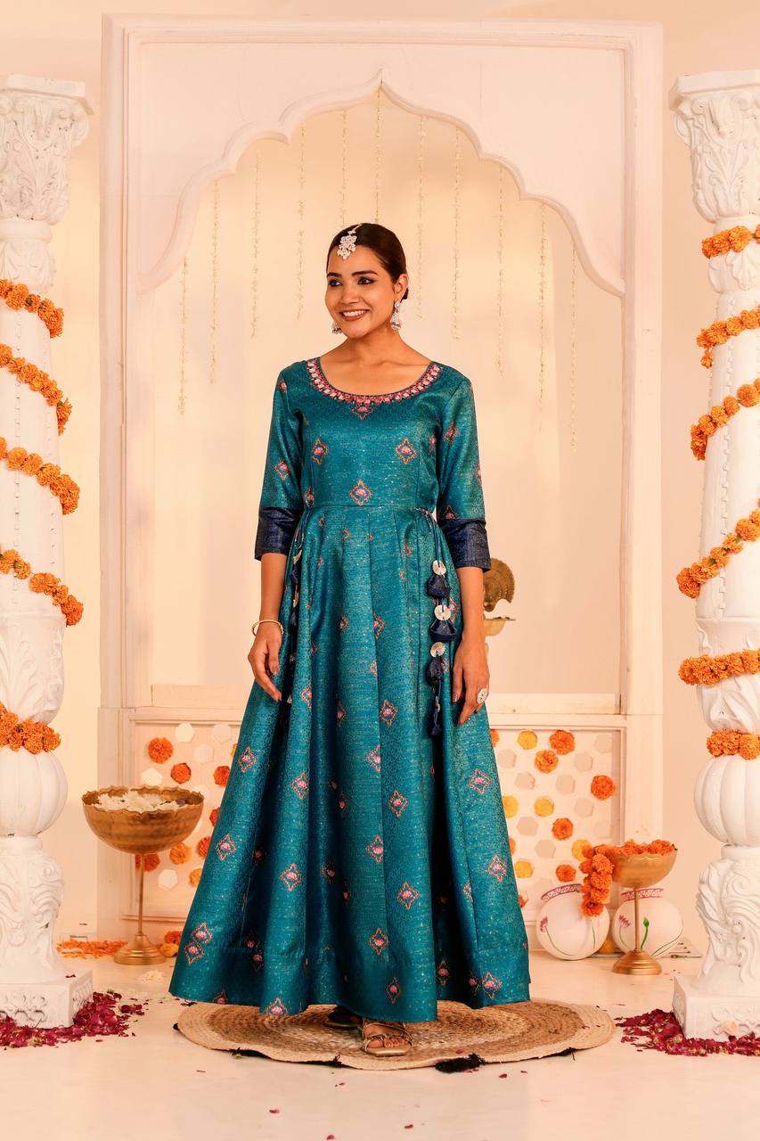 Enchanting Teal Kamal Kalidar Dress with Floral Motifs