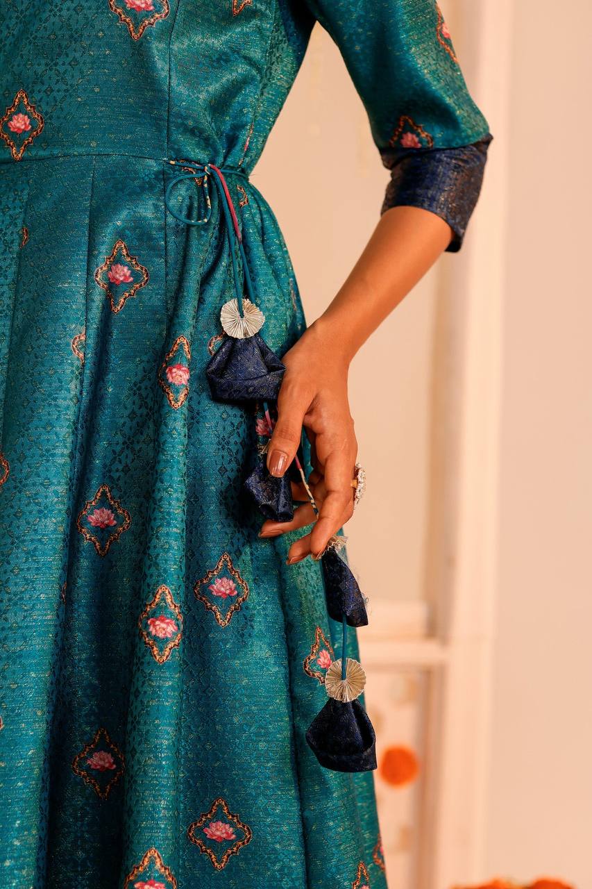 Enchanting Teal Kamal Kalidar Dress with Floral Motifs