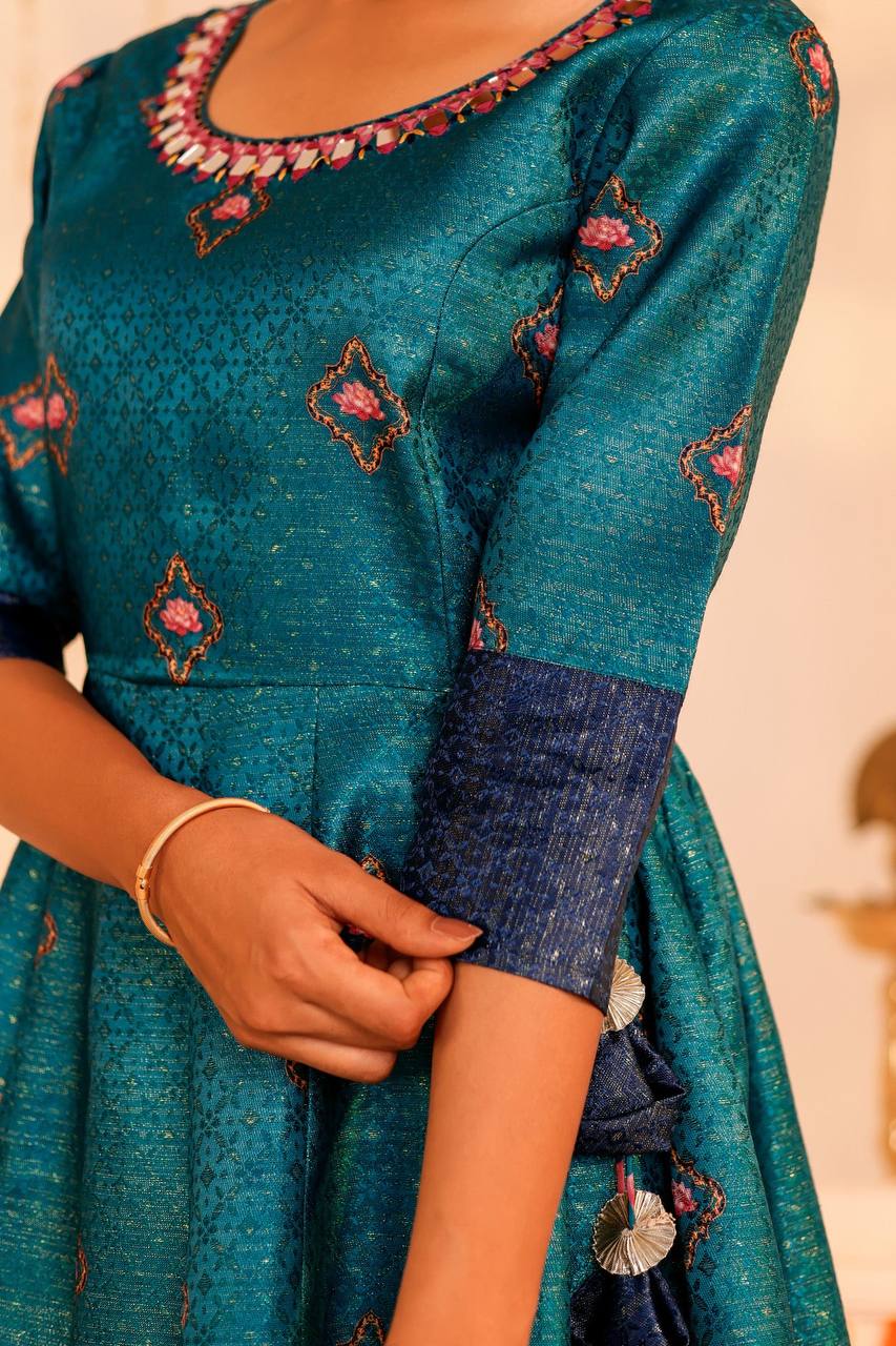 Enchanting Teal Kamal Kalidar Dress with Floral Motifs