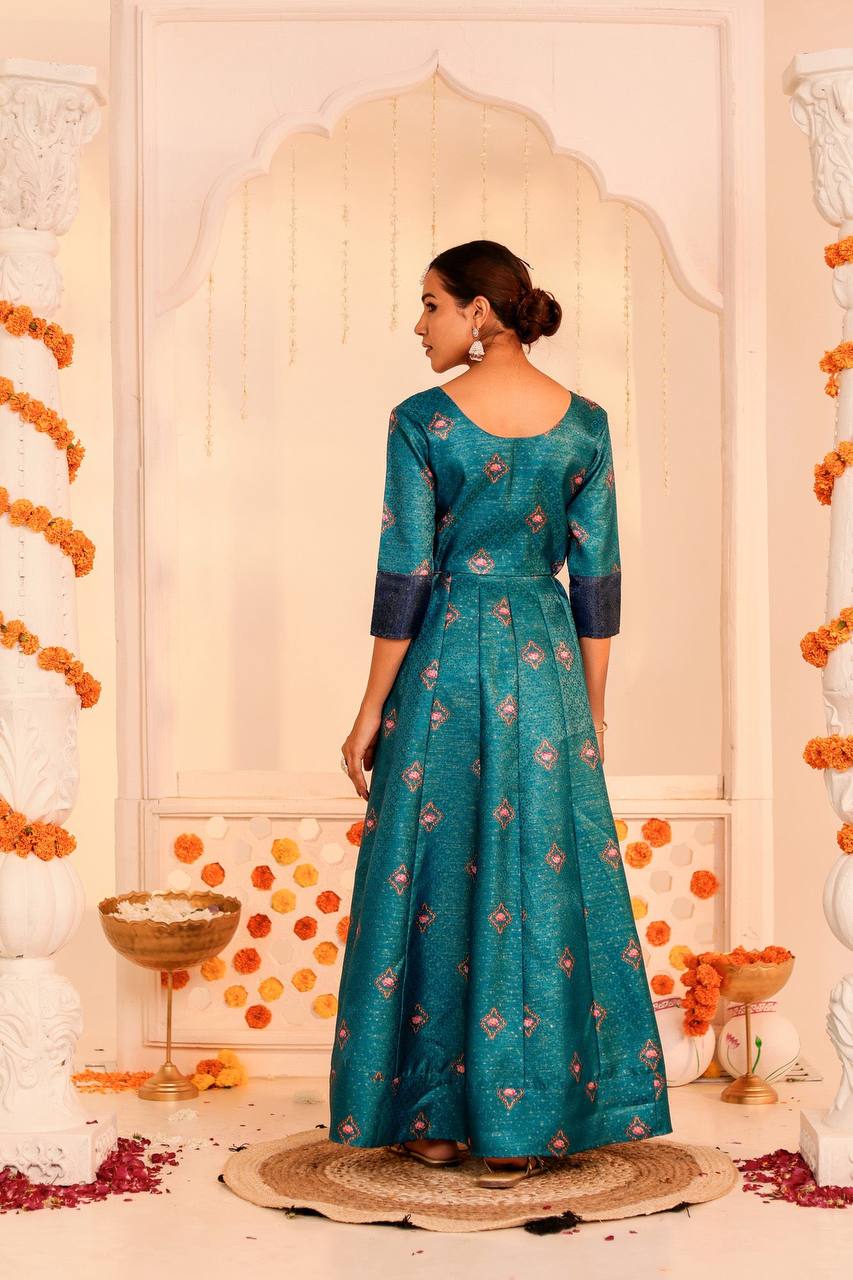 Enchanting Teal Kamal Kalidar Dress with Floral Motifs