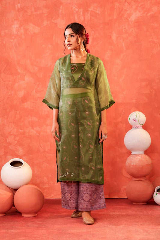 Exquisite Mehndi Green Embroidered Kurti & Palazzo Set