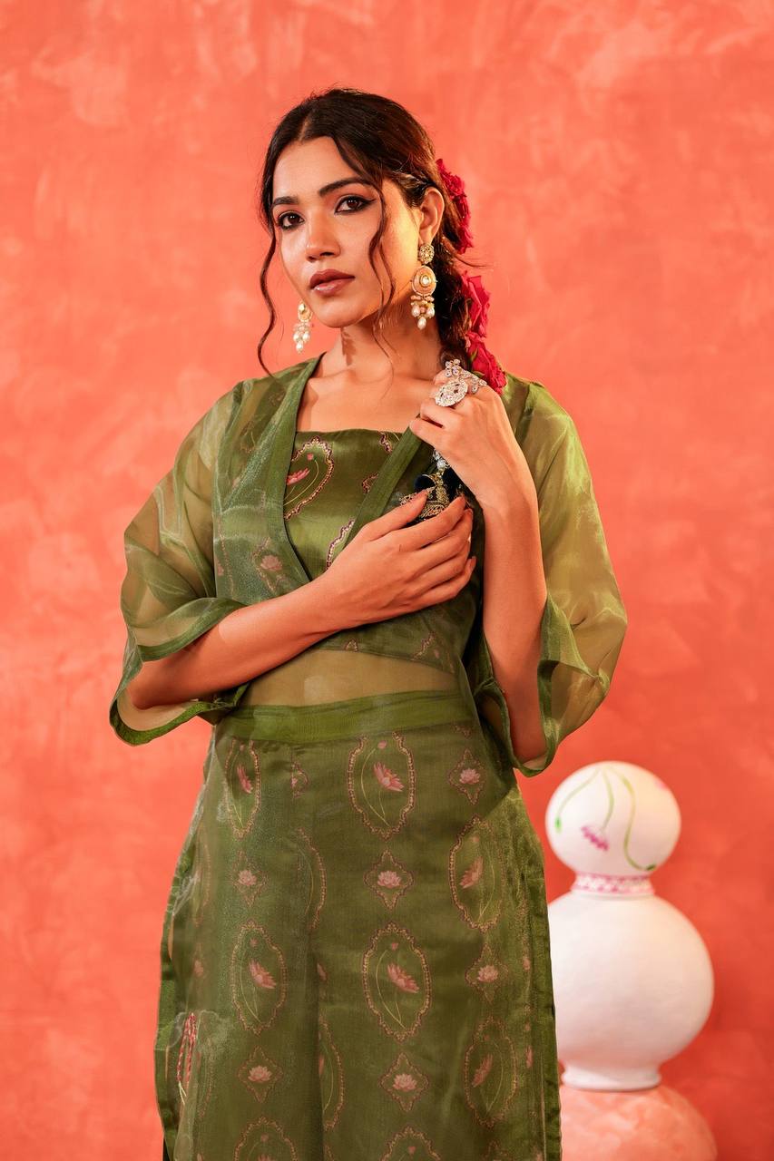 Exquisite Mehndi Green Embroidered Kurti & Palazzo Set