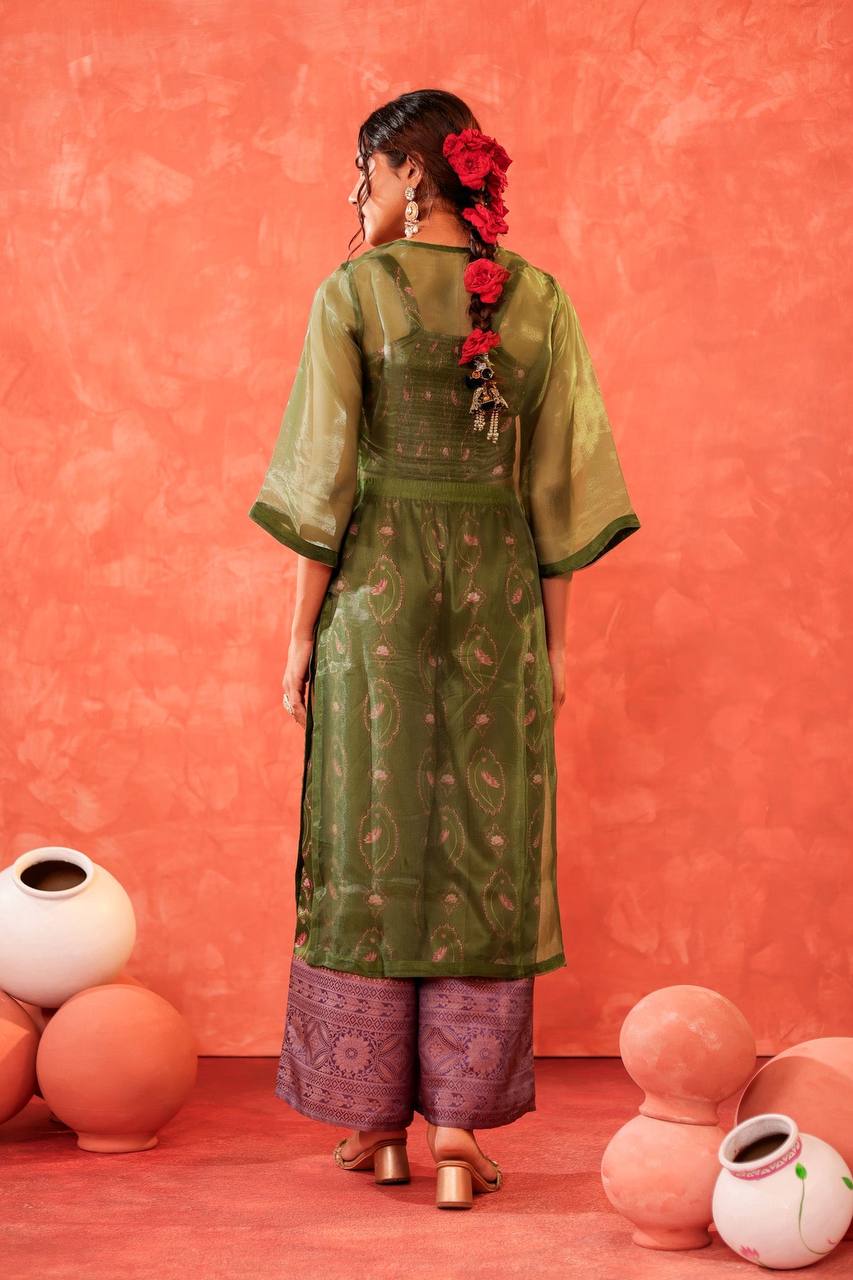 Exquisite Mehndi Green Embroidered Kurti & Palazzo Set