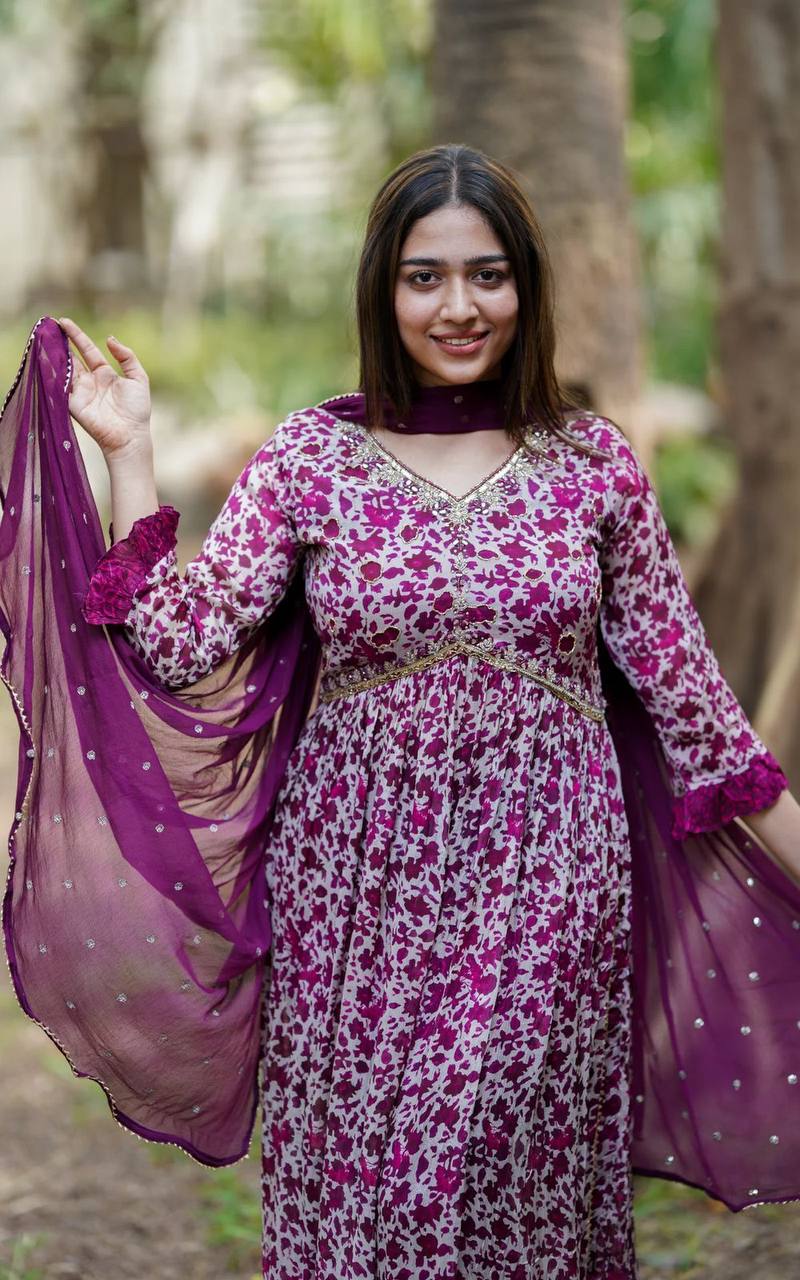 Pakistani-Style Georgette Anarkali Gown with Exquisite Sequin Embroidery and Lace Dupatta