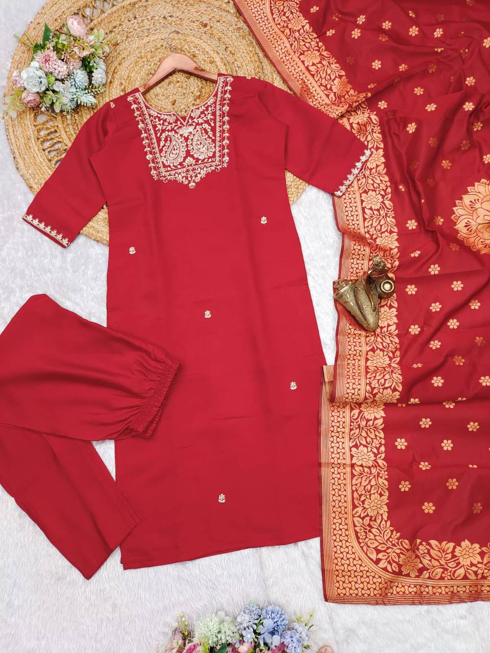 Luxurious Roman Silk Suit Set with Sequins & Zari Weaving