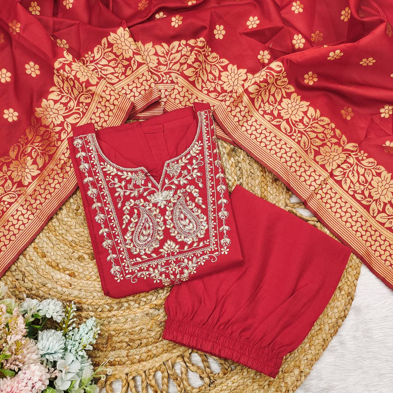 Luxurious Roman Silk Suit Set with Sequins & Zari Weaving