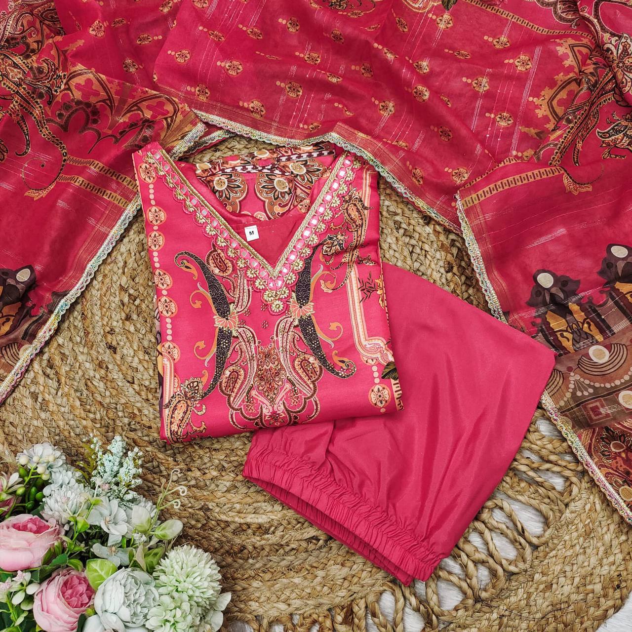 Elegant Multicolor Satin Suit Set with Stonework & Embroidery