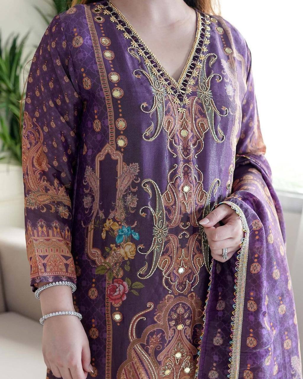 Elegant Multicolor Satin Suit Set with Stonework & Embroidery