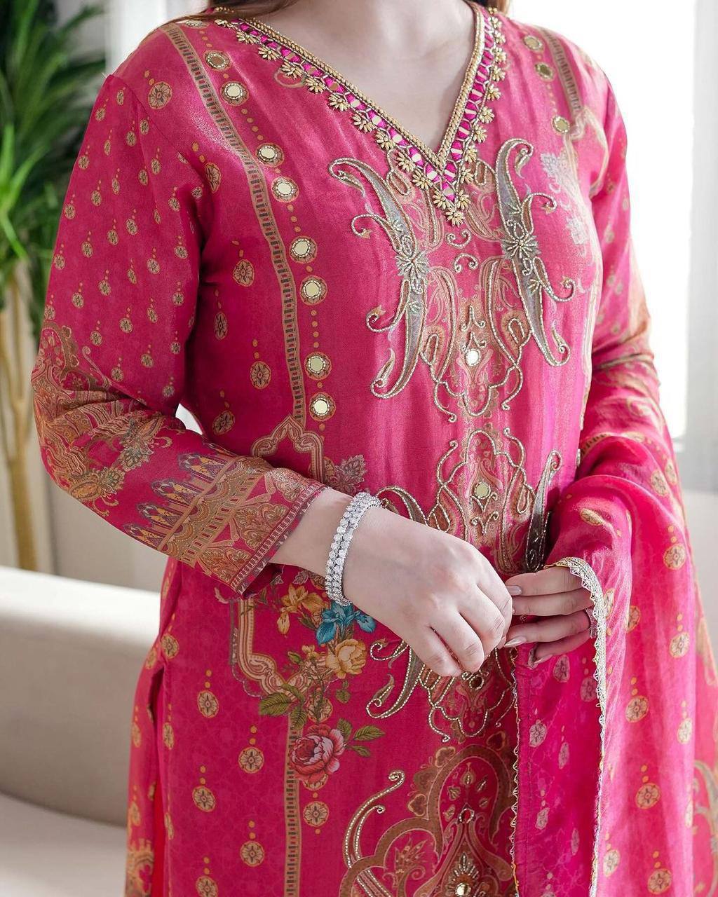 Elegant Multicolor Satin Suit Set with Stonework & Embroidery