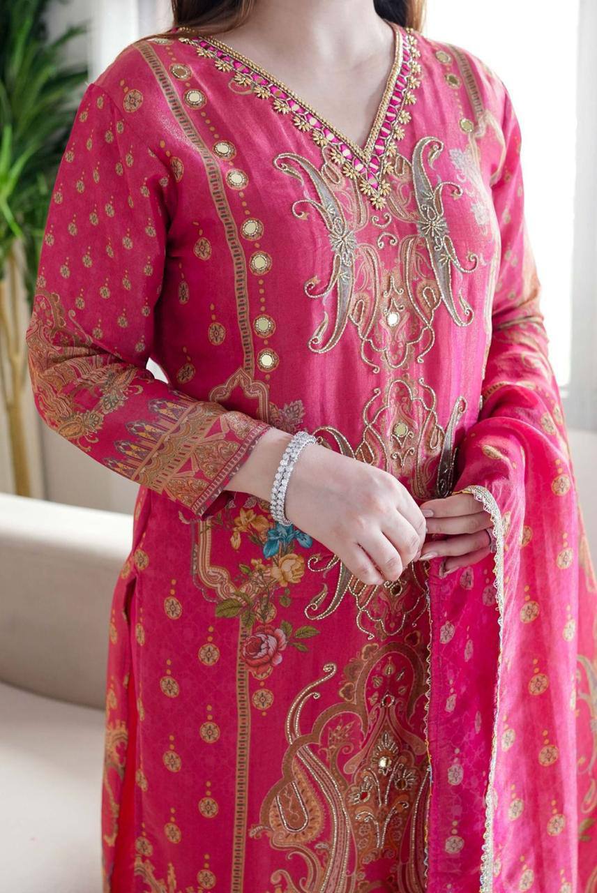 Elegant Multicolor Satin Suit Set with Stonework & Embroidery