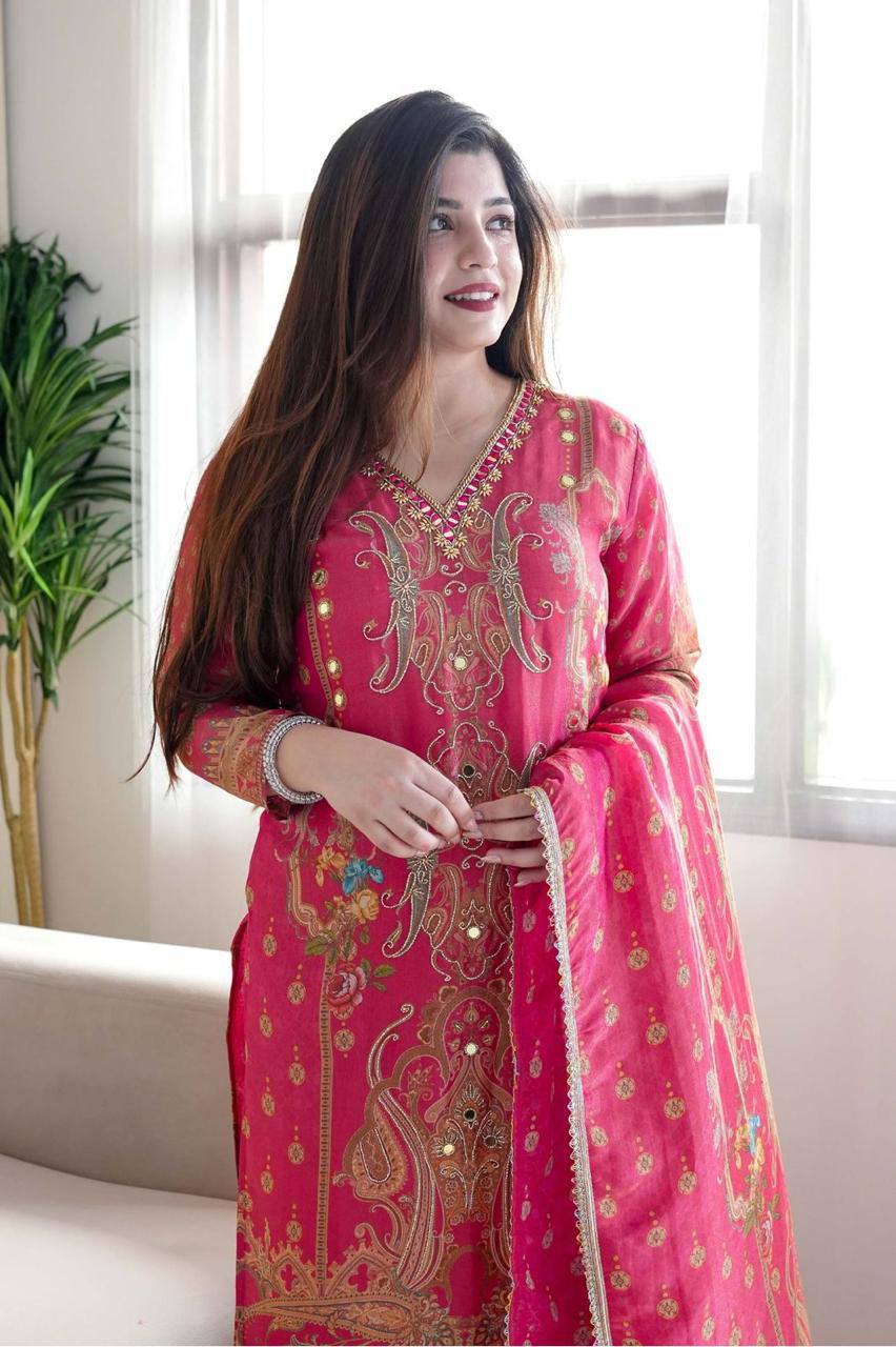 Elegant Multicolor Satin Suit Set with Stonework & Embroidery