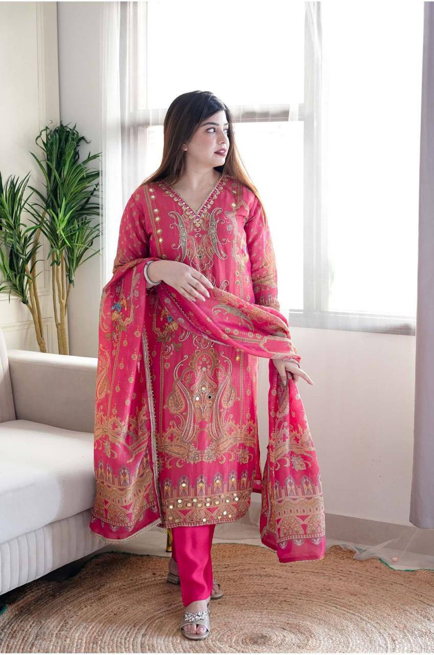 Elegant Multicolor Satin Suit Set with Stonework & Embroidery