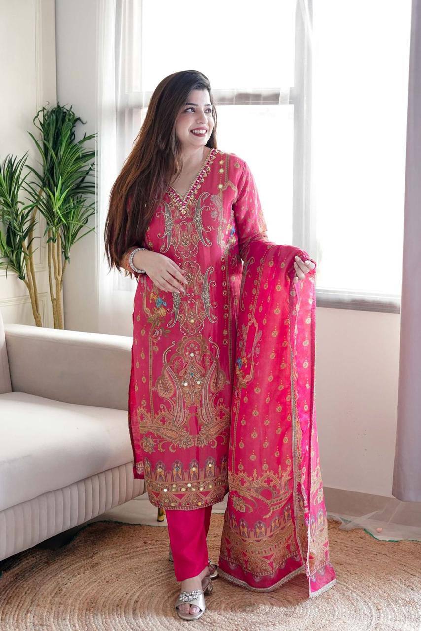 Elegant Multicolor Satin Suit Set with Stonework & Embroidery