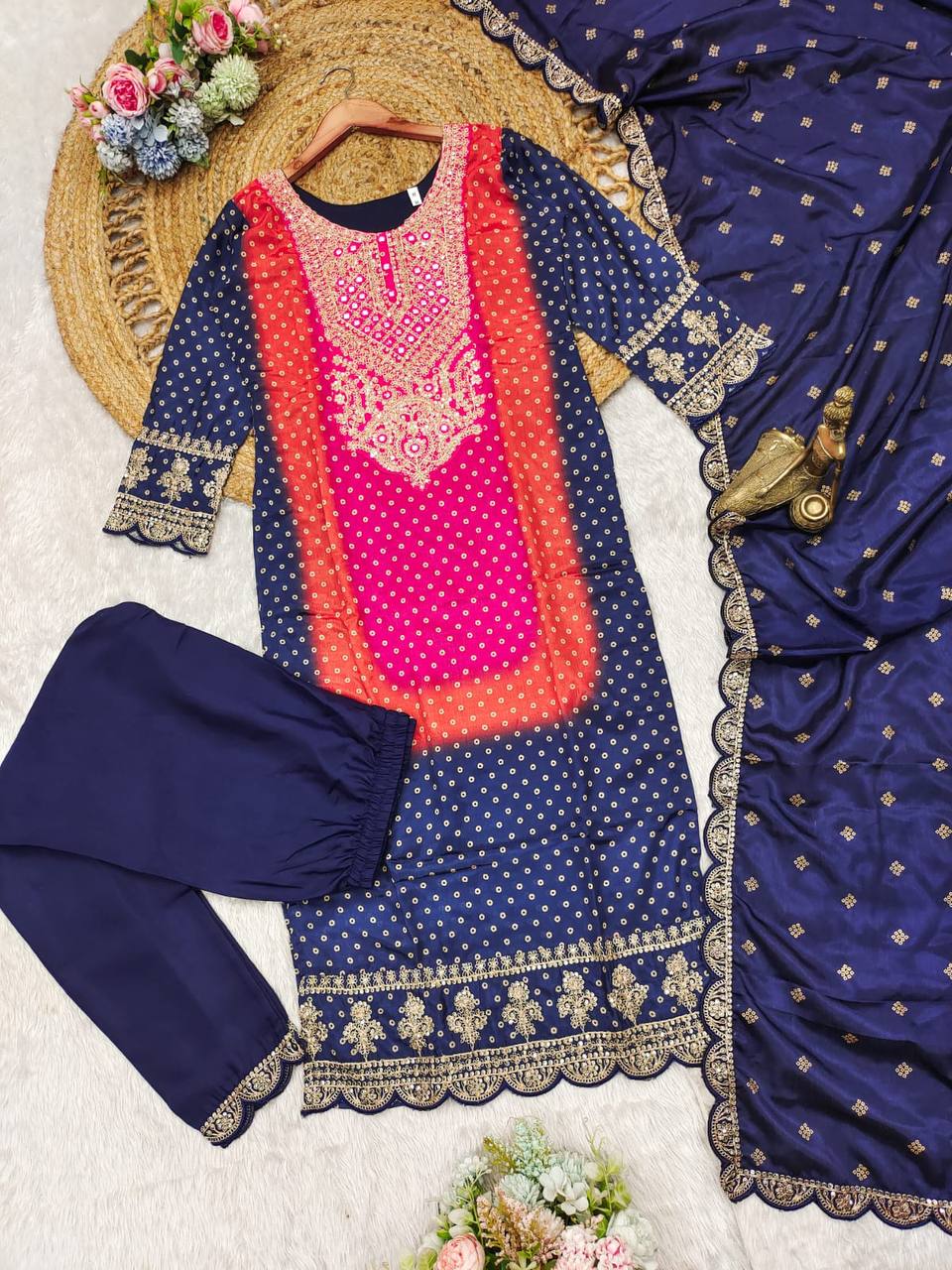 Elegant Multicolor Chinon Suit Set with Gold Print Dupatta