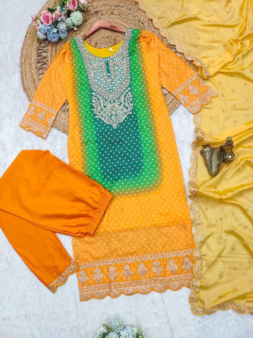 Elegant Multicolor Chinon Suit Set with Gold Print Dupatta