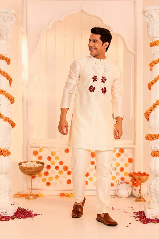 Timeless White Embroidered Kurta Pajama Set for Festive Elegance