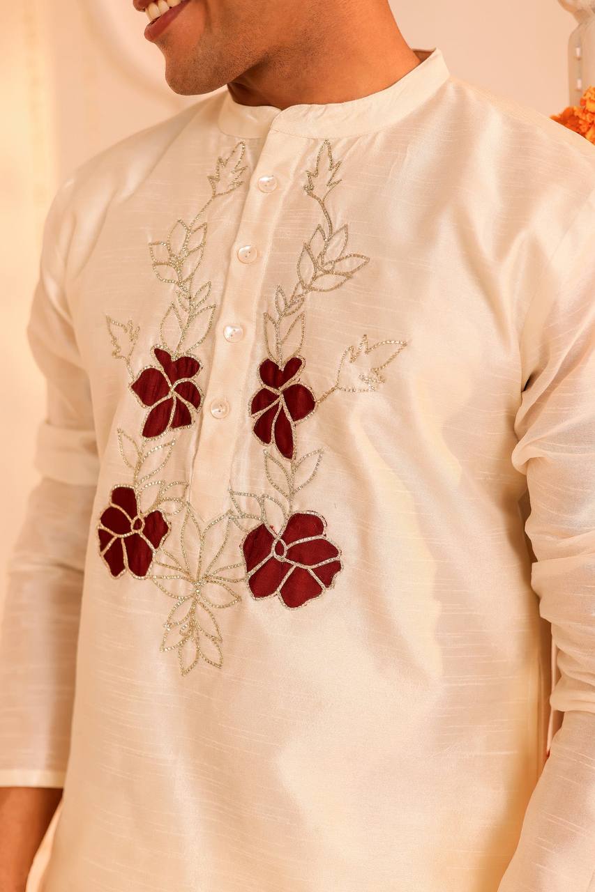 Timeless White Embroidered Kurta Pajama Set for Festive Elegance